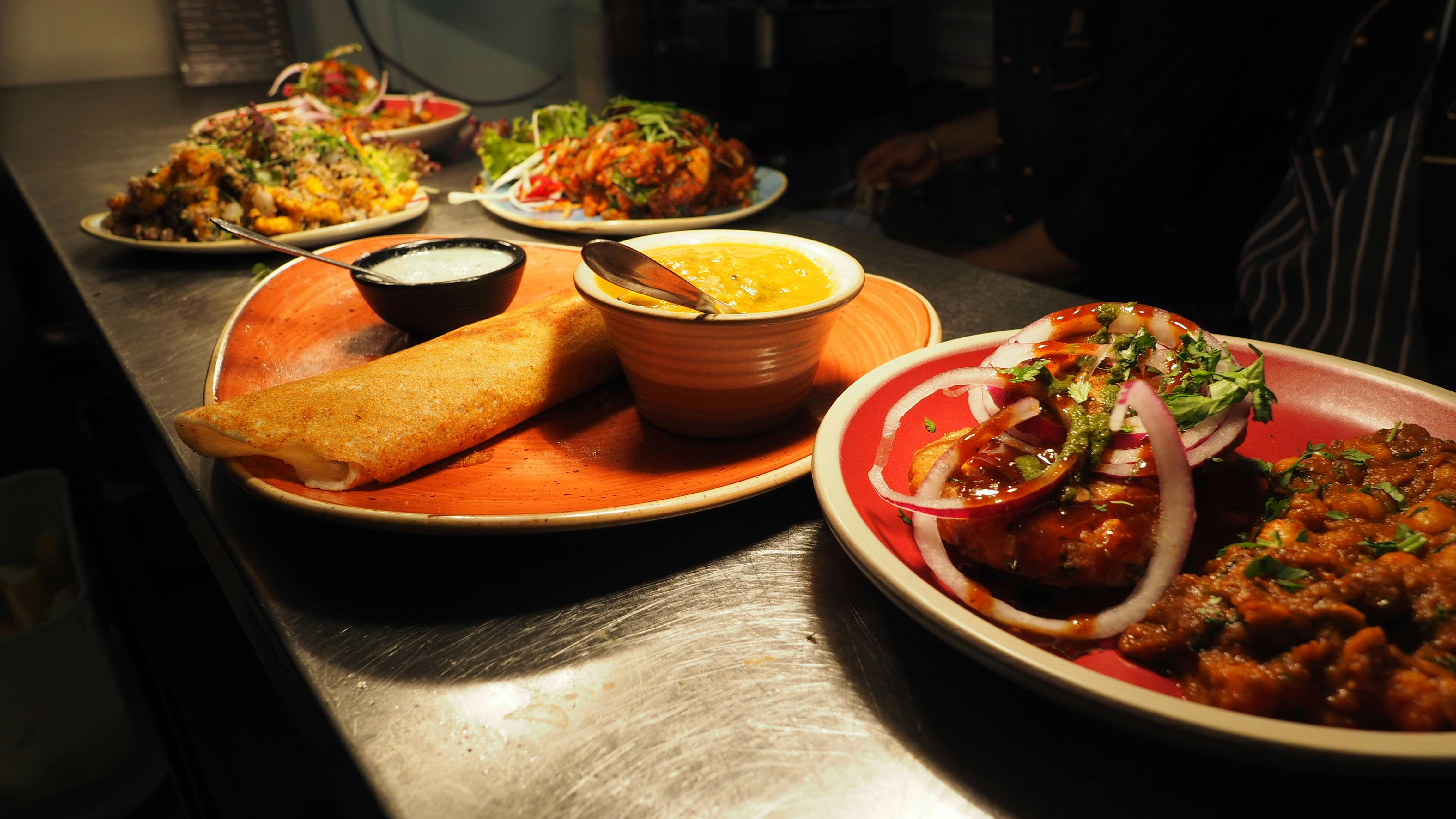 A stunning spread of delicious Indian vegetarian dishes.